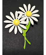 Vintage 60s Double Daisy Enamel Flower Power Brooch White Yellow Green S... - $550.76 MXN