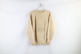 Vtg 70s Rockabilly Mens 38 Distressed Donegal Wool Fisherman Knit Sweater Cream - £75.77 GBP