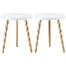 Round Side Table Set Of 2, White Gold Tray Nightstand Sofa Coffee Table ... - $100.99