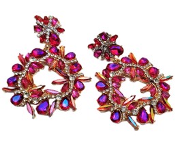 Dangle Bridesmaids Earrings, Rhinestone Drop Earrings, Pink Multi Crystal Chande - £31.04 GBP