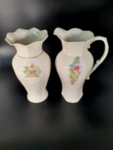 Vintage Belleck Porcelain Pitcher and Vase, Lot of Two, Floral Decoratio... - $110.92