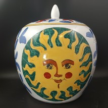 Sunburst Vintage Ceramic Canister Hand Painted 10&quot; x 9&quot; Yellow Blue Gree... - $48.00