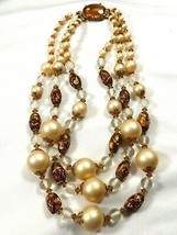 VTG Pearly &amp; Gold Color Glass &amp; Lucite multi strand beaded necklace fancy clasp - £51.59 GBP