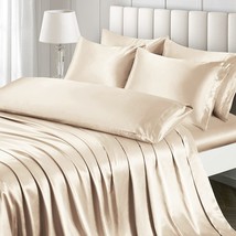 7 Pieces Satin Sheets Set Queen Size, Luxury Silky Beige Satin Bed Sheets Set Wi - £53.55 GBP