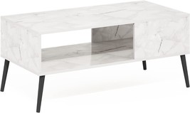 Furinno Claude Mid Century Style Coffee Table With Wood Legs, Marble White - £79.92 GBP