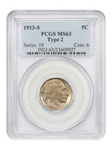 1913-S 5C PCGS MS63 (Type 2) - $1,502.29