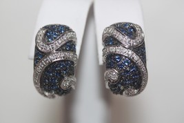 Fine 18K White Gold Natural Diamonds and Blue Stones Omega Hoop Earrings - $1,550.00