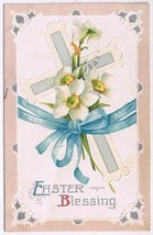 Holiday Postcard Embossed Easter Blessing 1915 Flowers Cross Ribbon Misch &amp; Co - £1.68 GBP