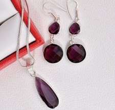 Sterling Silver Amethyst Gemstone Hand Crafted Pendant Earrings Women Party Set - £27.76 GBP