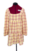 BP  Mini Dress Yellow Tan Jordy Plaid Women Size Medium  Elastic Cuffs - $30.69