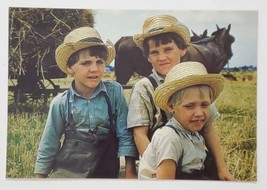 Postcard Amish Country Boys Children Straw Hats Taking Break Harvest Time - $9.37