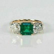 4 Ct Asscher Emerald &amp; Diamond 3-Stone Art Deco Wedding Ring 14k White Gold Over - £82.30 GBP