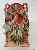 1928 Valentine Day Card Die Cut Mechanical Pop-Up 3D Germany VTG Birds Flowers - £19.39 GBP