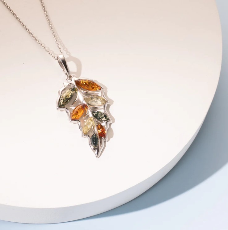 Sterling Silver Baltic Amber Leaf Pendant Necklace Item image 4