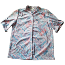 Vintage 60s Shirt Blouse Pink Blue Pastel Patchwork Pattern Short Sleeve... - £17.68 GBP
