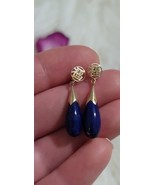 14K Yellow Gold Blue Stone Drop Dangle Hong Kong Asian Earrings - $147.51