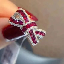 2Ct Round Cut Lab Created Red Ruby Bow Knot Wedding Ring 14K White Gold Plated - £135.88 GBP