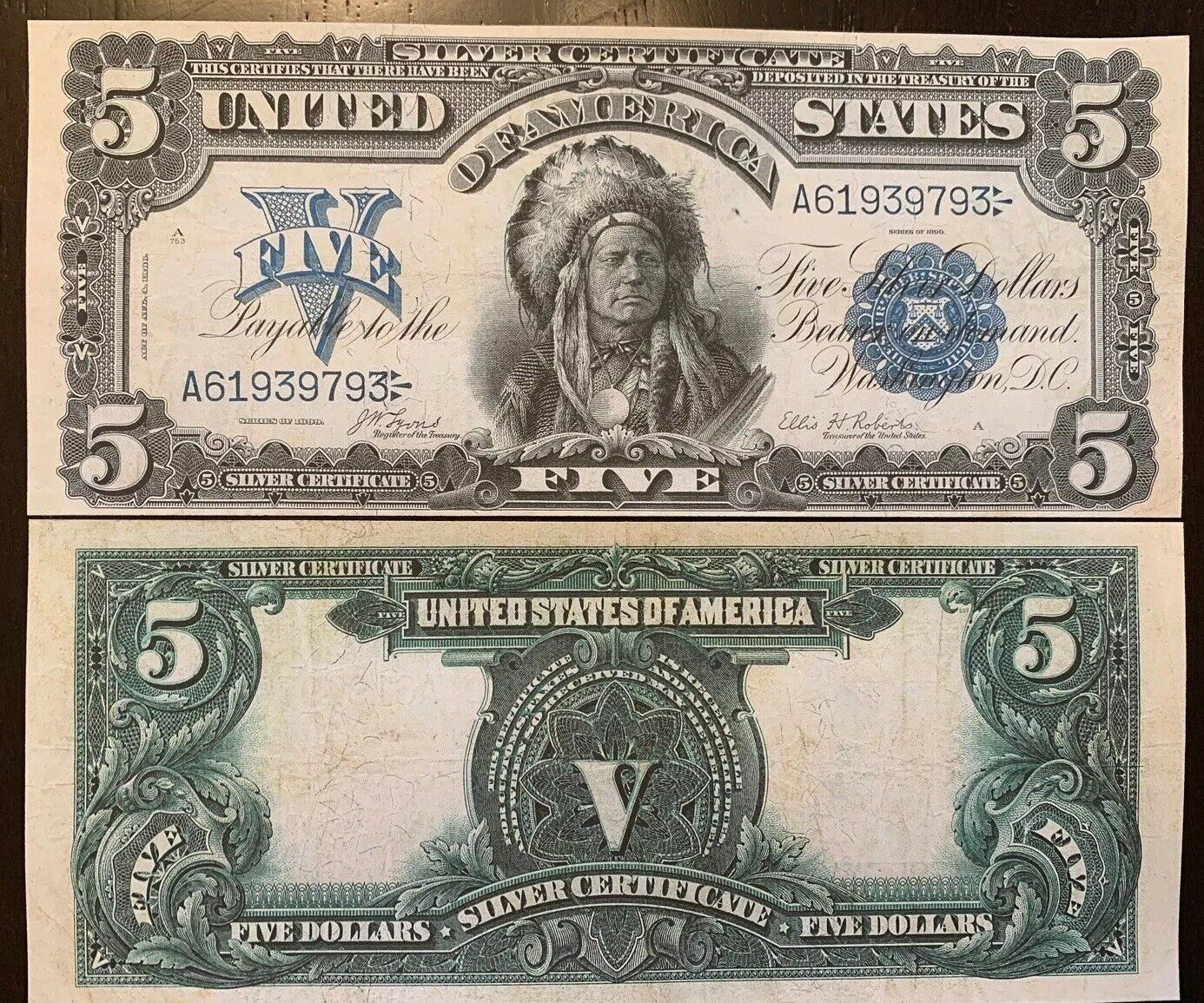 Primary image for Reproduction 1899 United States $5 Bill Silver Certificate Indian Chief Copy