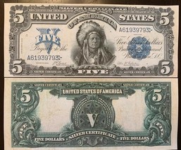 Reproduction 1899 United States $5 Bill Silver Certificate Indian Chief Copy - £3.15 GBP