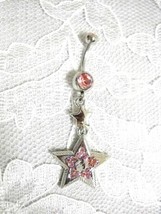 NEW DOUBLE DANGLING STAR / STARS on 14g PASTEL PINK CZ BELLY BUTTON RING - $5.99