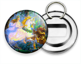 Whimsical Forest Fairy Girl Riding Unicorn Beer Bottle Opener Keychain Key Gift - £13.22 GBP