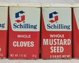 Vintage Schilling Spice Tins Lot of 4 Cloves Mustard Celery Seed Bay Leaves - $22.95