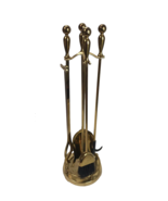 Vintage Brass Fireplace Tool Set 4 Piece With Stand Patina Mod Decor - £74.49 GBP