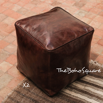 Set of 2 Handmade &amp; Stitched Moroccan Pouf Square, Genuine Leather, Dark Brown  - £113.66 GBP