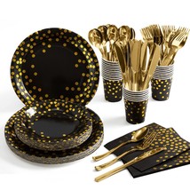 Black And Gold Party Supplies 175 Pieces Golden Dot Disposable Party Dinnerware  - £31.12 GBP