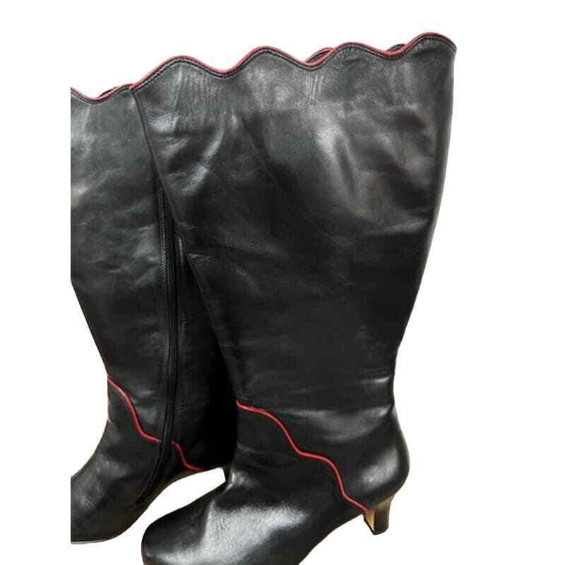 Mob Wife VTG Ros Hommerson 80s Black Leather Boots Scallop Top Red Trim 8.5 Wide Item image 2