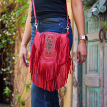 Red Beaded Strip Clip Bag Handmade Fringe Cross Body Bag Purse - £63.52 GBP