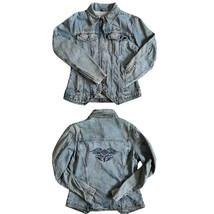 VTG Harley Davidson Women’s Biker Blues Jean Jacket Sz M Embroidered Tribal Pins - £22.16 GBP