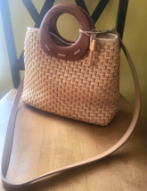 FOSSIL Weaved Leather Wood Handle w/Detachable Crossbody Leather Strap P... - $24.99