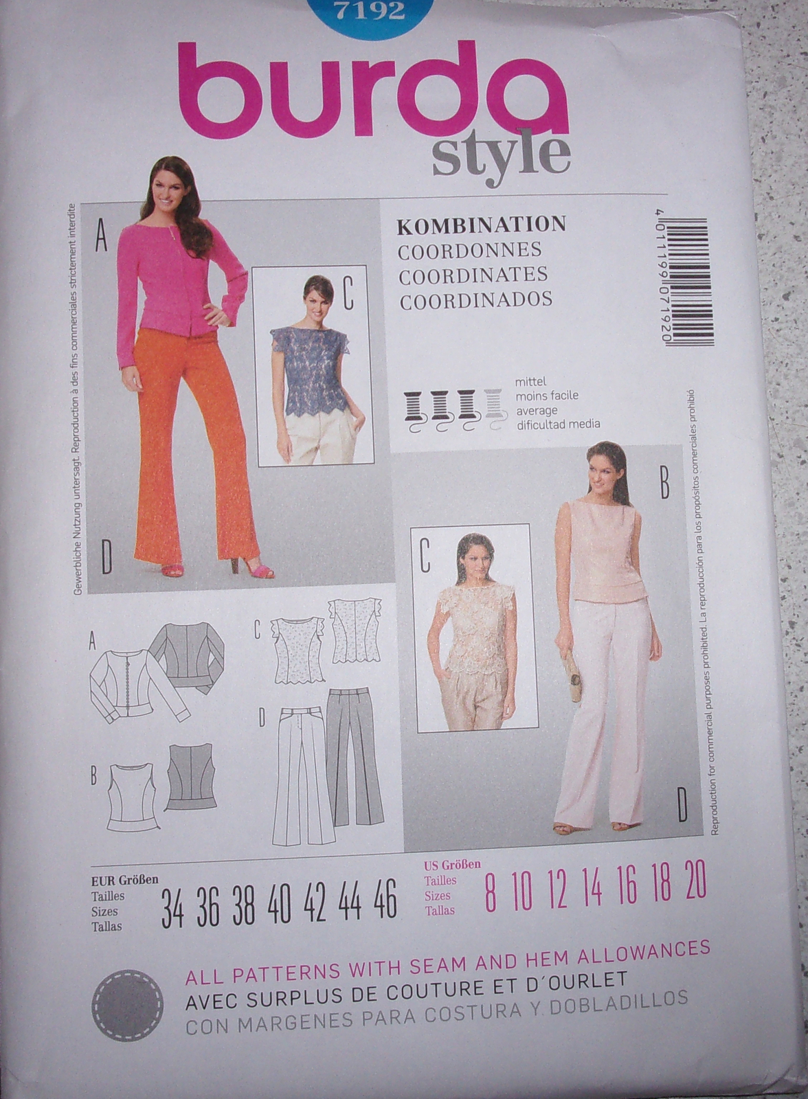 Burda Style Misses Top &amp; Pants Size 8-20 #7192 Uncut - $5.99