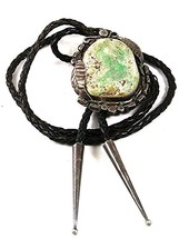 Vintage Native American Coin Silver Turquoise Bolo Leather Cord By PJ 52617 - £268.76 GBP