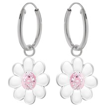 Pink Glitter Daisy Flower 925 Silver Hoop Earrings - £13.30 GBP