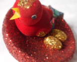Flocked Glittered Red Bird Nest 2 Golden Eggs Christmas Ornament Clip-on... - $12.86
