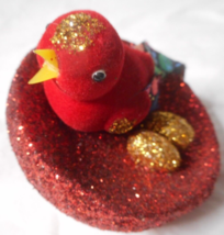 Flocked Glittered Red Bird Nest 2 Golden Eggs Christmas Ornament Clip-on Japan - £10.10 GBP