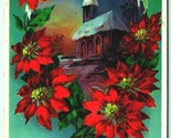 Christmas Greetings Poinsettias Icicles Church Night Scene 1912 DB Postc... - $6.88