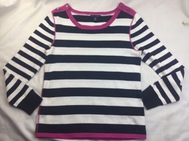 Tommy Hilfiger Blue Pink trim Striped Pullover Sweater Size L Button Accent Flaw - £15.81 GBP