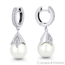 Cultured Pearl &amp; Diamond Dangling Hoop Post Ladies Earrings in 14k White Gold - £394.87 GBP