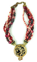 Vintage Signed Chico&#39;s Red Pink tones Chunky Beaded Choker Pendant Necklace - $24.95