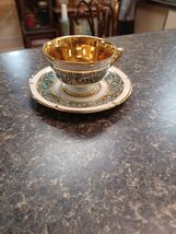 Limoges Porcelain France Tea Demitasse Cup And Saucer Green  &amp; Gold - $39.59