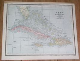 1896 ANTIQUE MAP OF FLORIDA BAHAMAS CUBA JAMAICA HAITI DOMINICAN REPUBLIC - $29.33