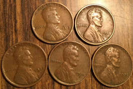 1919 1920S 1928D 1935S 1936 Lot Of 5 Usa Lincoln Wheat One Cent Penny Coins - £3.60 GBP