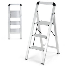 3-Step Ladder Aluminum Folding Step Stool with Non-Slip Pedal and Footpads-Sliv - £86.10 GBP