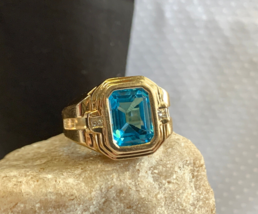 14K Yellow Gold Diamond Ring 8.76g Fine Jewelry Sz 10.5 Band Blue Topaz Color - £559.50 GBP
