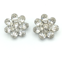 WEISS clear rhinestone clip-on earrings - 1.25&quot; vintage glass flower button - $23.00