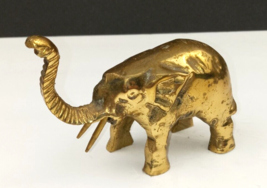 Vintage Brass Lucky Elephant Hearth Desktop Paperweight Trunk Raised Up 3&quot; - £14.91 GBP