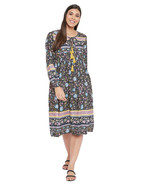 Floral Printed Navy Blue Poly Cotton Empire Dress for Women - £24.48 GBP